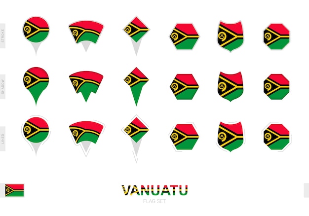 Collectie van de vlag van Vanuatu in verschillende vormen en met drie verschillende effecten