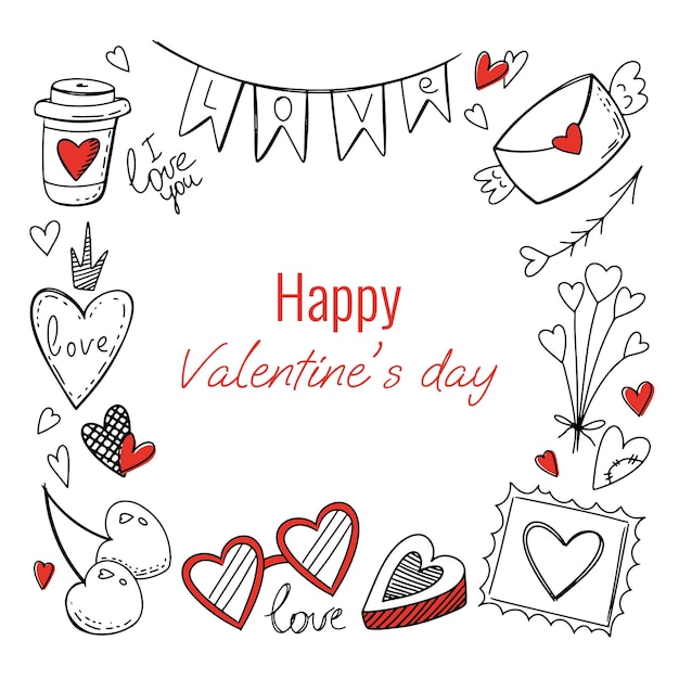 Collectie van doodle elementen en tekst gelukkige Valentijnsdag