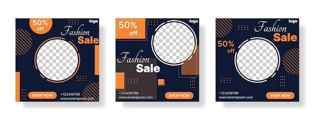 Collectie van fashion sale banner voor social media post in donkerblauwe en oranje kleur vectorillustratie