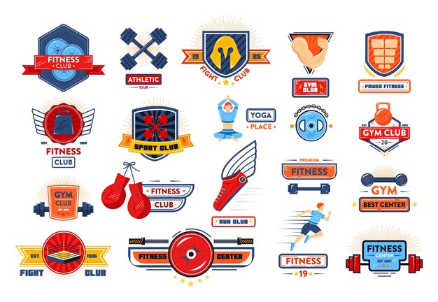 Collectie van fitness en sport club badges met verschillende symbolen set levendige iconen showcase boksen