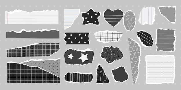 Collectie van gescheurde papieren vormen met sterren, harten en wolken gescheurde papier met raster polka punten en strepen gescheurde papier ontwerp elementen op grijze achtergrond grijze element vector set