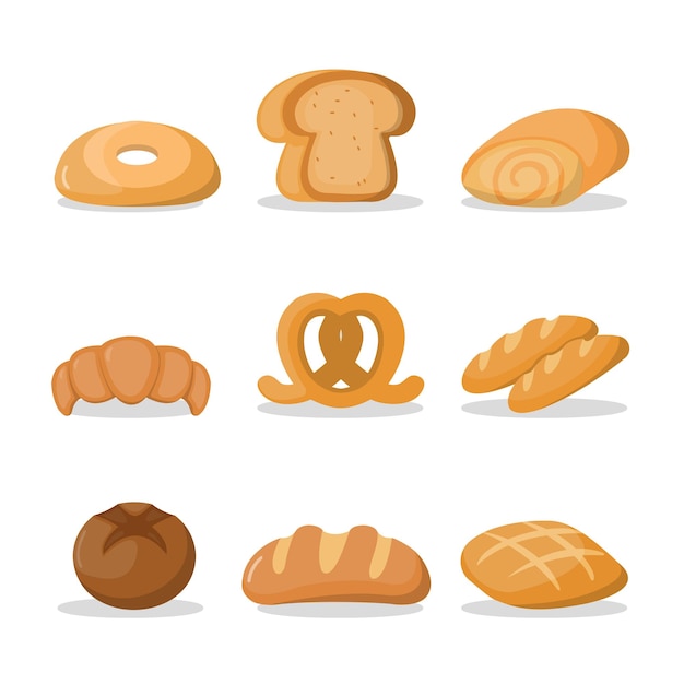 Collectie van getekende ontwerp met tarwebrood in verschillende soorten krakeling muffin pita ciabatta croissant bagel toast brood Frans stokbrood bakkerij concept cartoon ontwerp vectorillustratie