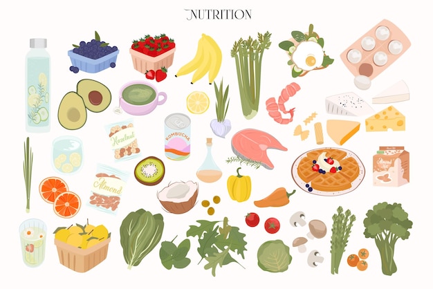 Vector collectie van gezonde voeding, gezonde voeding. biologische voeding, eco-voeding. bewerkbare vectorillustratie