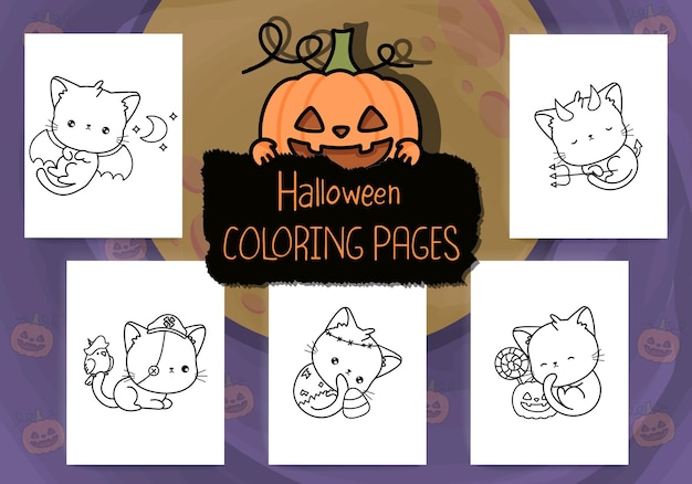 Collectie van Halloween kleurplaten. Collectie van kawaii overzicht halloween kitten.