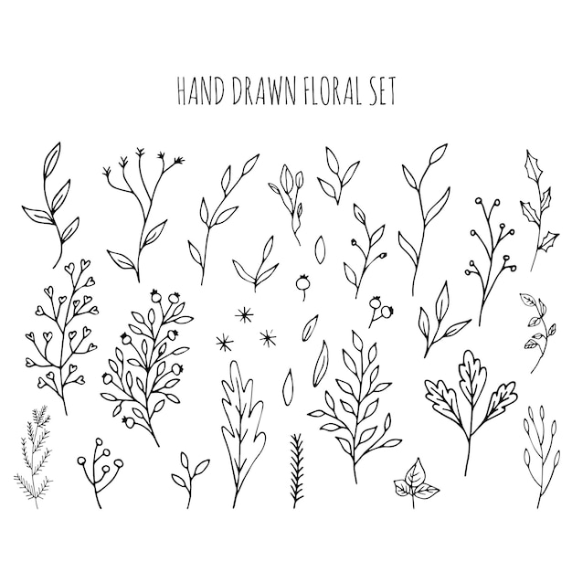 Collectie van handgetekende vector bloemen en takken met bladeren, bloemen, bessen. Moderne schetscollectie. Decoratieve elementen voor design. Inkt, vintage vector.