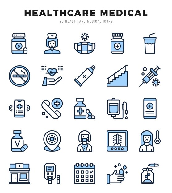 Collectie van HEALTHCARE MEDICAL 25 Iconen in twee kleuren