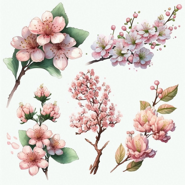 Collectie van herry bloesem bloemen en takken in vector aquarel stijl