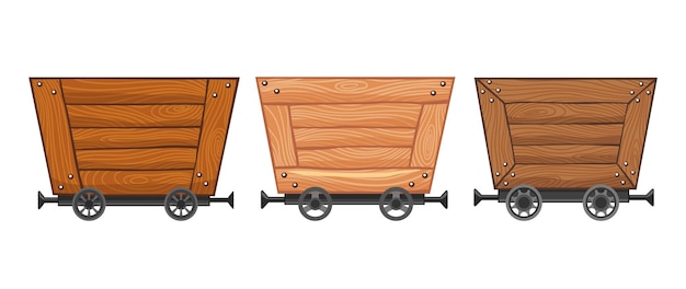 Collectie van houten lege mijnkarren. Cartoon mijnkarren. Ontwerp vectorillustratie geïsoleerd op een witte achtergrond.