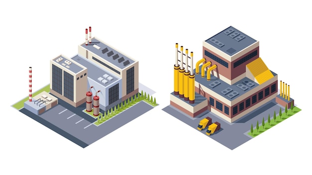Collectie van isometrische fabrieken Concept van industriële fabrieken met schoorsteen toren of pijpen Industriële buldings 3d geïsoleerde pictogrammen instellen Architectuur van fabrikanten huis