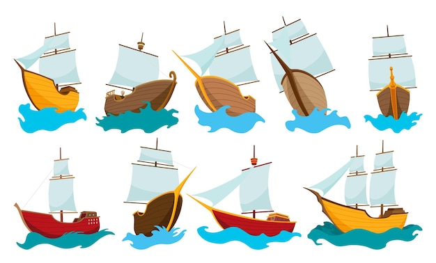 Collectie van jachten zeilboten of zeilschepen Cruise reisbedrijf iconen ontwerp Gestileerde cartoon piratenschip Vector oude schepen