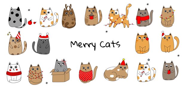 Collectie van kerst katten. vrolijk kerstfeest illustraties van schattige katten met accessoires.