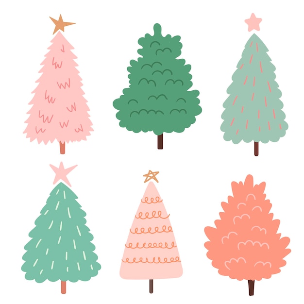 Vector collectie van kerstbomen. kleurrijke vectorillustratie in platte cartoonstijl