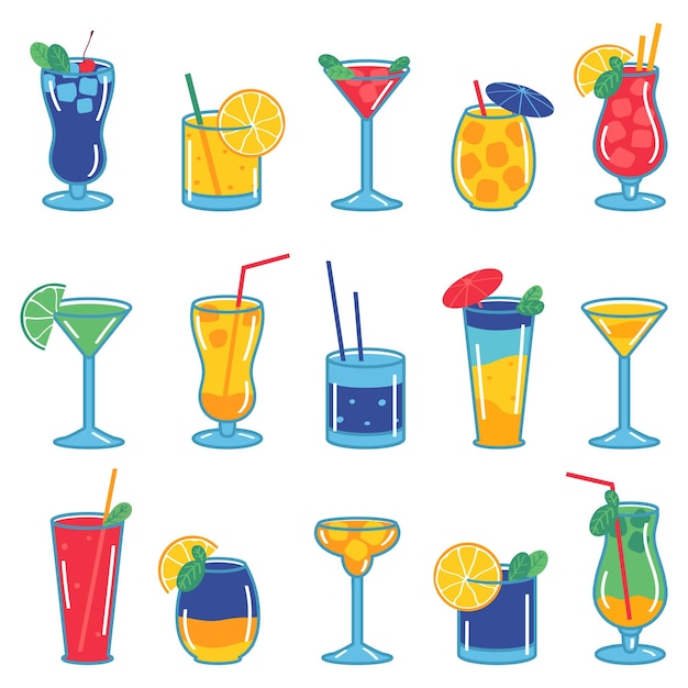 Collectie van kleurrijke cocktails geïsoleerd op een witte achtergrond. Vectorillustratie in vlakke stijl.