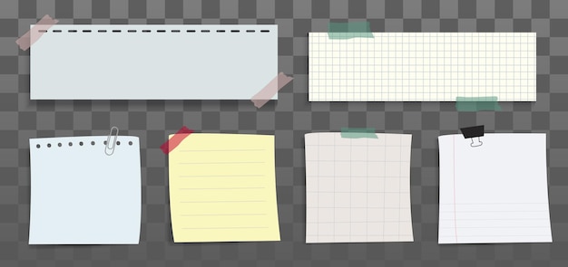 Collectie van kleverige notities en papieren vellen met tape en clips kleverige nota's en papiere vellen in verschillende afmetingen kleverige note's en papiervellen voor herinneringen Leuke memo vector illustratie set