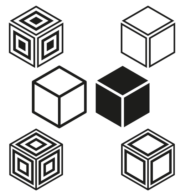 Collectie van kubus iconen Geometrische vorm variaties 3D object ontwerp set Abstract box
