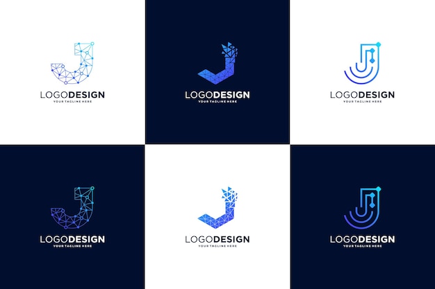 Collectie van letter J logo ontwerp met digitale verbinding concept
