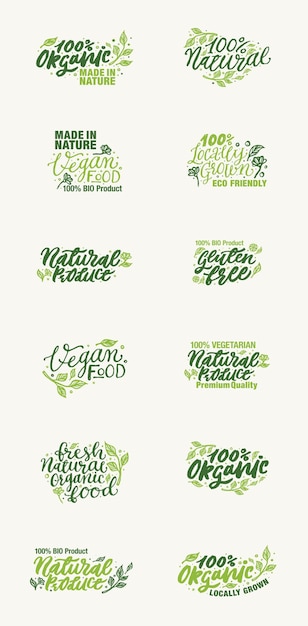 Collectie van logo's en elementen voor biologische producten gemaakt in de natuur en lokaal gekweekte veganistische producten