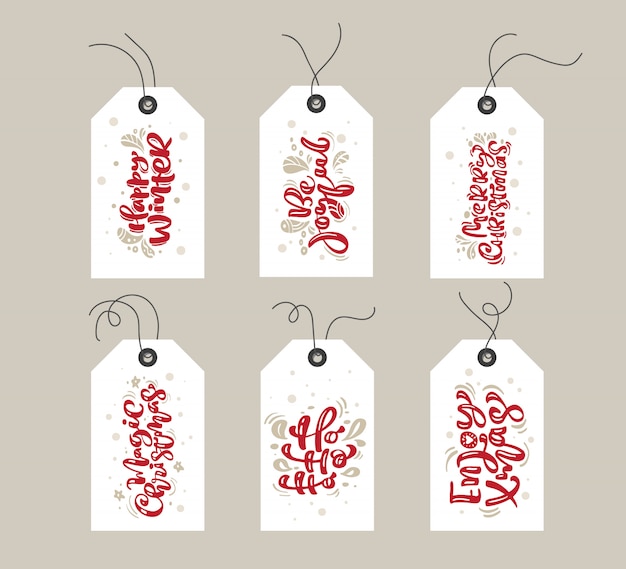 Collectie van merry christmas cadeau-tags met handgeschreven tekst