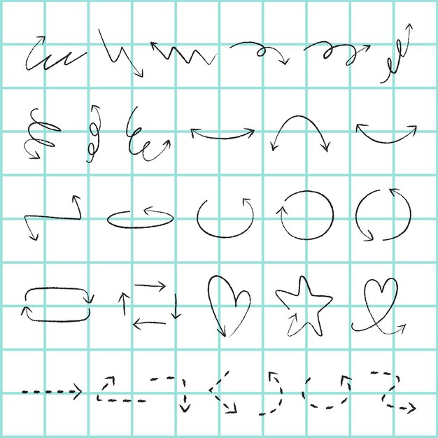 Collectie van met de hand getekende pijlen en symbolen op een raster Inclusief spiralen lussen harten en sterren Perfect voor creatieve projecten en ontwerp inspiratie Element vector set