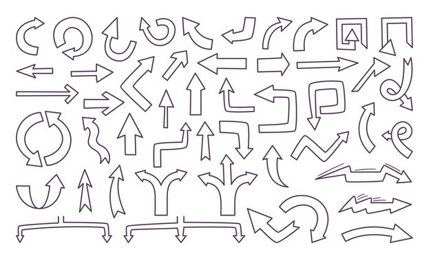 Collectie van met de hand getekende pijlen Sketch pijlontwerp in doodle stijl voor onderwijs en bedrijfsplan
