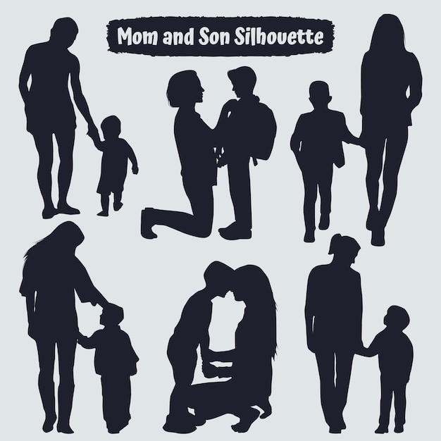 Collectie van moeder en zoon silhouetten in verschillende poses