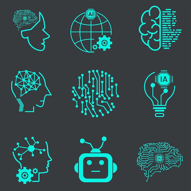 Collectie van negen Technologie van Kunstmatige Intelligentie Vector Line Icons Set Gezichtsherkenning