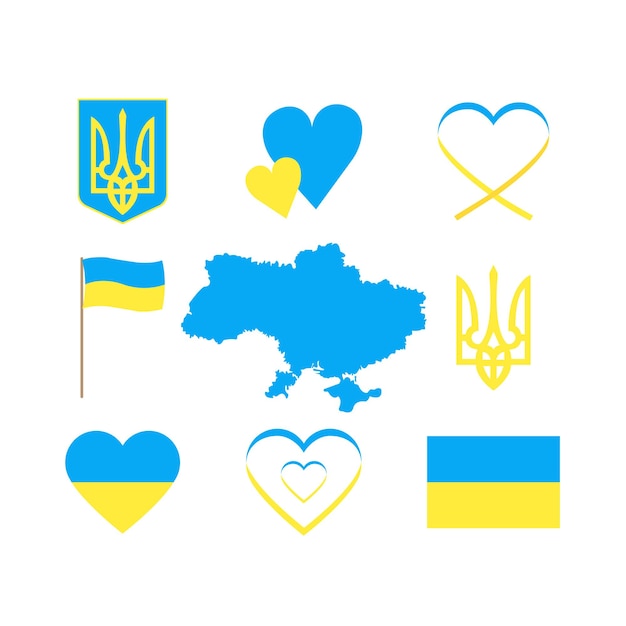 Collectie van Oekraïne kaart vlag en nationaal embleem op een witte achtergrond