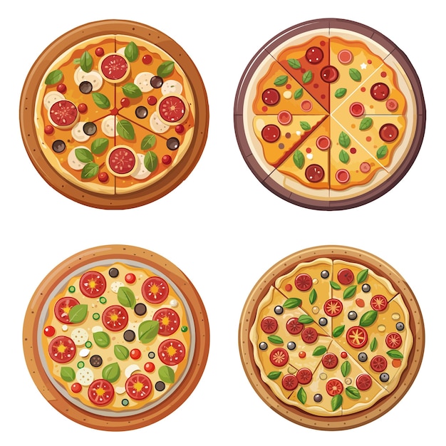 Collectie van platte kleur vector pizza set Realistische volledige grootte op witte achtergrond