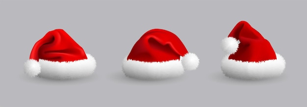 Collectie van rode kerstman hoeden geïsoleerd op een grijze achtergrond. Set. Realistische vectorillustratie.