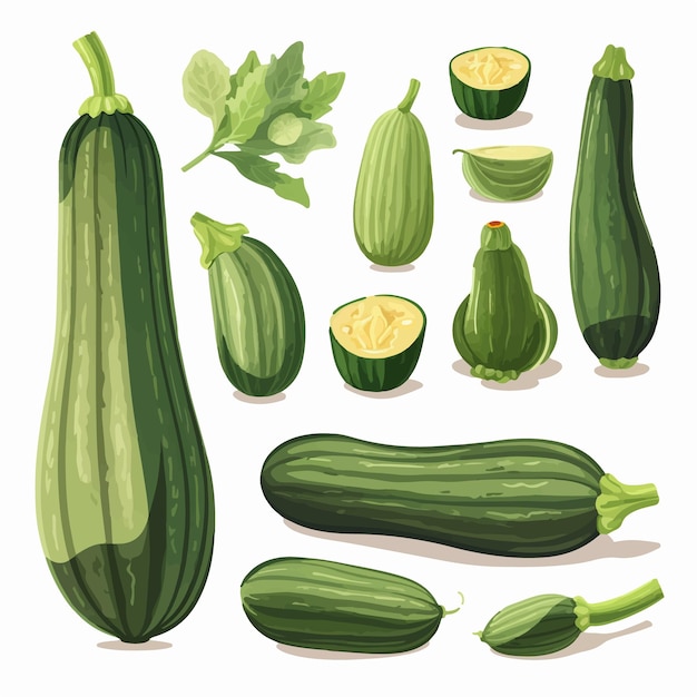 Collectie van schattige Courgette illustraties met gezichten en armen