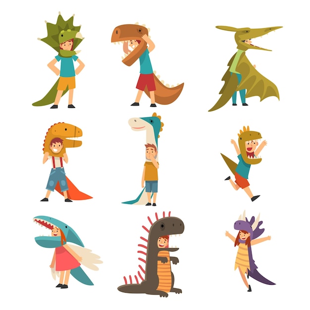 Vector collectie van schattige kinderen in kostuums van dinosaurussen jongens en meisjes gekleed voor carnaval of maskerade feest vector illustratie op witte achtergrond