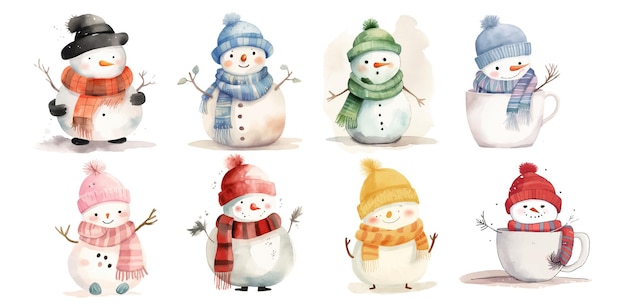 Collectie van schattige met de hand geschilderde waterverf sneeuwmannen gekleed in kleurrijke winter accessoires Perfect voor vakantie decoraties
