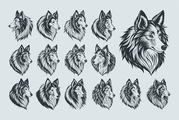 Collectie van Sheltie hond hoofd silhouet illustratie ontwerp