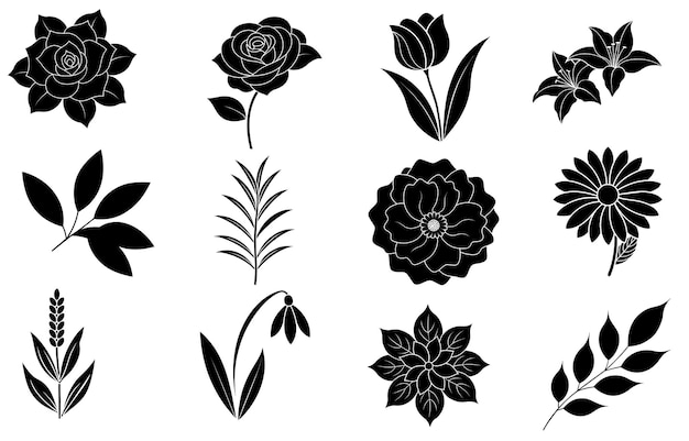 Collectie van silhouette bloemen- en bladelementen