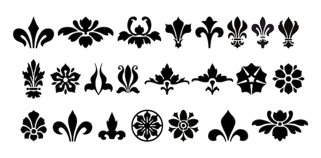 Collectie van traditionele zwarte fleur de lis-ontwerpen handtekening scheidingswand bladeren en bloeit