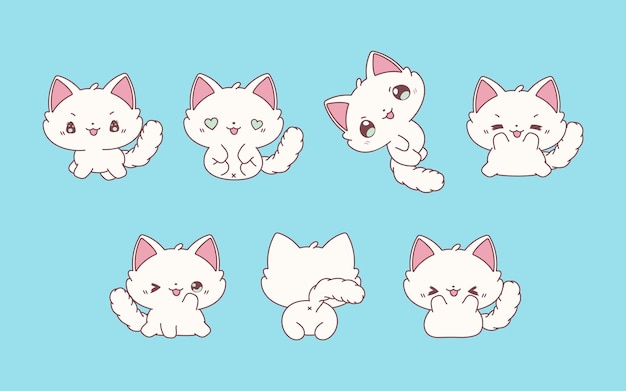 Collectie van vector cartoon ragdoll kitty art set van kawaii geïsoleerde baby dieren illustraties voor