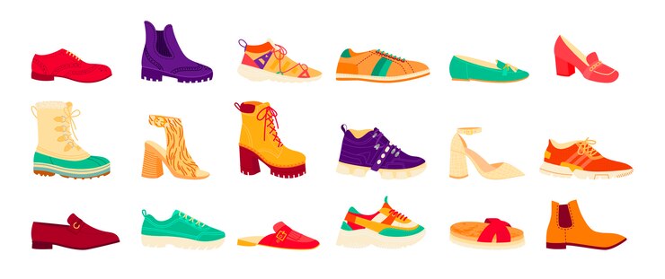 Vector collectie van verschillende seizoensschoenen, heren en dames: sport, casual en formeel. set platte schoenen, hoge hakken, lelijke laarzen. kleurrijke sport sneakers.