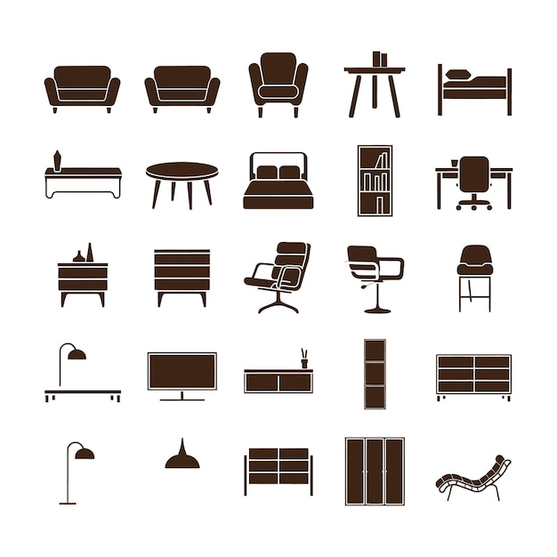 Collectie van verschillende soorten set furnitui cons symbool silhouet vector op witte achtergrond