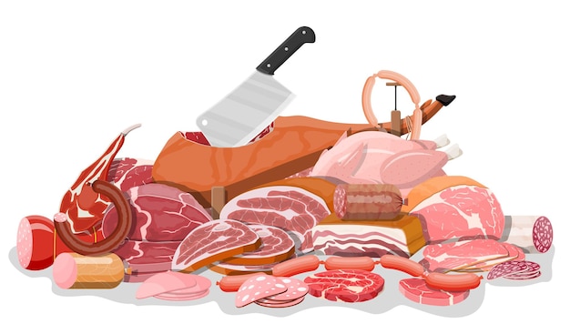 Collectie van vlees. Chop, worstjes, spek, ham