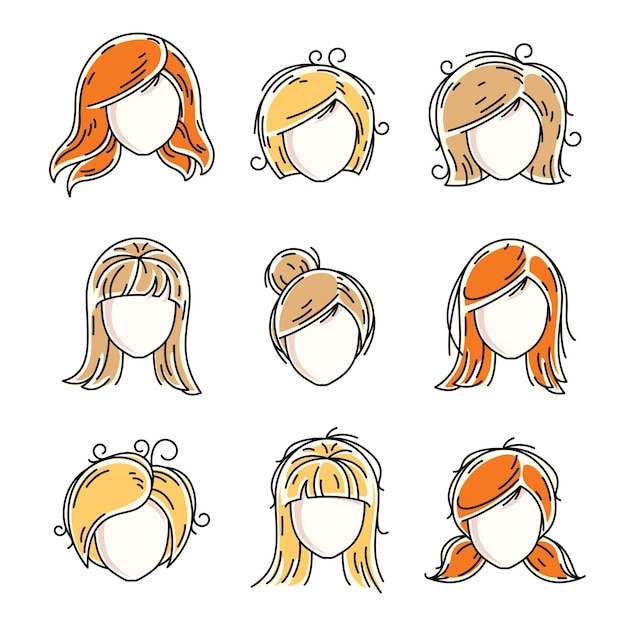 Collectie van vrouwen gezichten, menselijke hoofden. Diverse vectorkarakters zoals roodharige en blonde vrouwen, mooie clipart van damesgezichten en gebruikersprofiel.