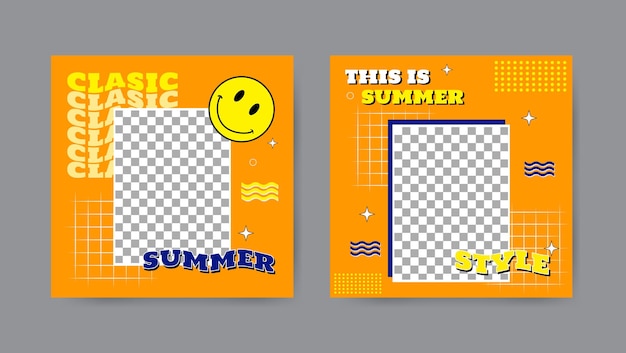 Collectie van zomer social media post sjablonen in cartoon stijl Vierkante banner ontwerp achtergrond