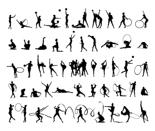 Collectie van zwarte silhouetten van ritmische gymnastiek. Schaduwen van meisjes gymnasten op een witte achtergrond. Sport illustraties.