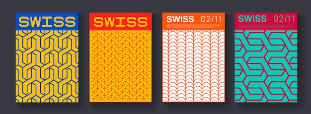 Collectie van Zwitserse design gestreepte posters. Meta moderne grafische elementen. Abstracte moderne geometrische strepen. Cirkel bol vormen.
