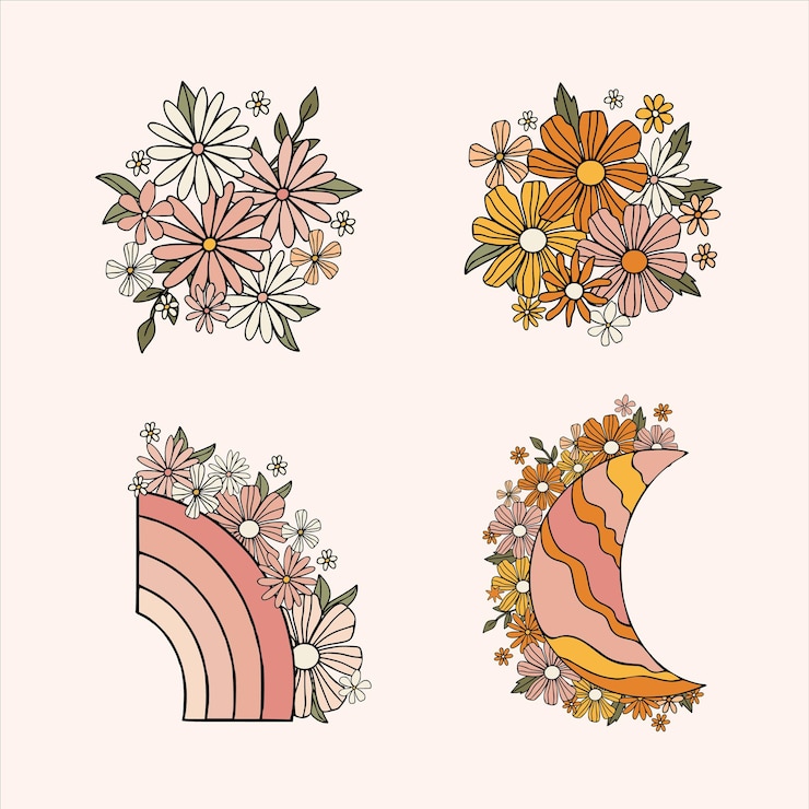 Vector collectie vector bloemen in pastel kleur blauw en roze schattig hart en regenboog met bloemen op geïsoleerde witte achtergrond