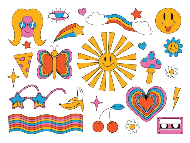 Collectie veelkleurige vintage popart stickers elementen decoratief ontwerp vectorillustratie instellen groovy stijl zon zonnebril wolk regenboog boog oog bloem zomer hippie print EPS