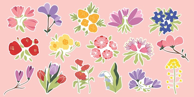 Collectie verschillende bloem stickers Bloei schattig elementen Hand getrokken camellia canola tulp magnolia boterbloem lelietje-van-dalen decoratieve bloemen cartoon design platte vectorillustratie