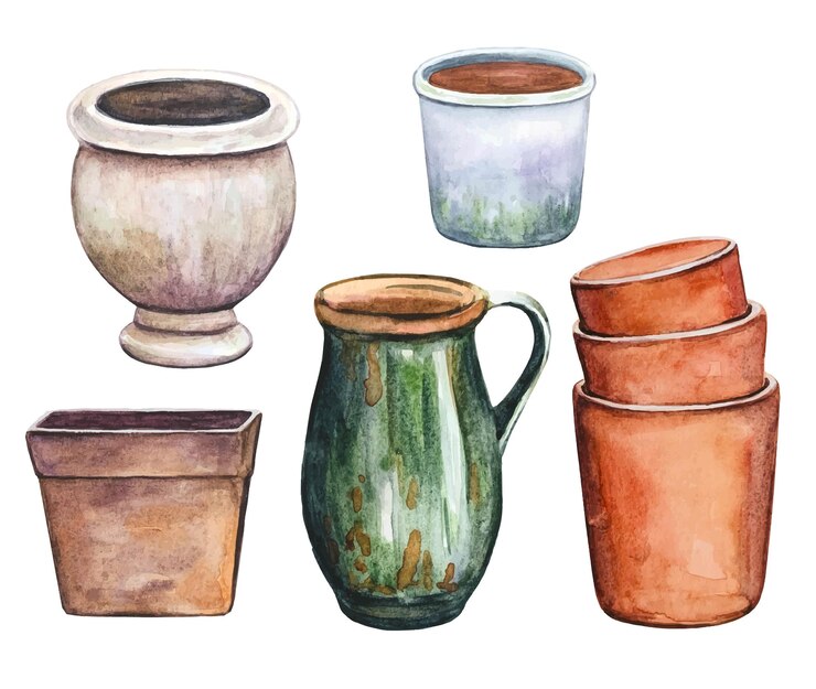 Vector collectie vintage bloempotten aquarel