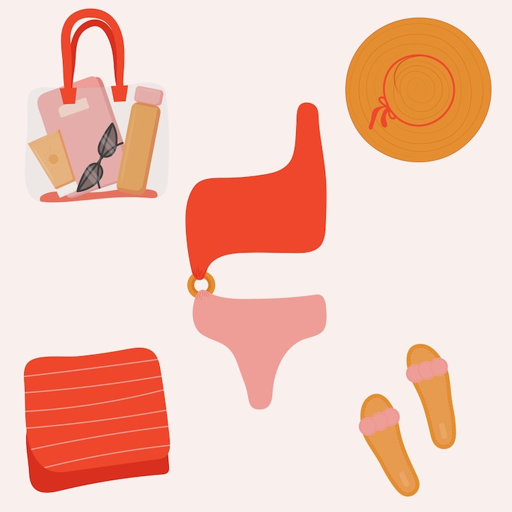 Collectie voor vrouwelijke bikini en strandaccessoires Handgetekend plat ontwerp Trendy mode-illustratie Premium Vector