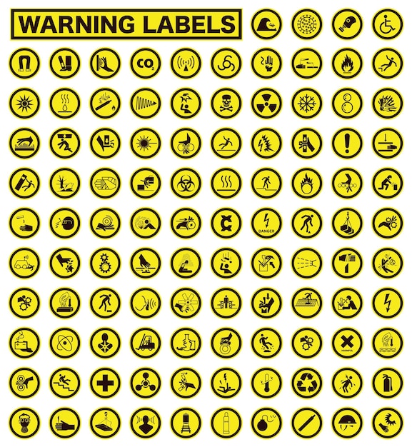 Collectie waarschuwings- en veiligheidssignalen Set veiligheids- en voorzichtigheidssignalen Ronde gele signalen