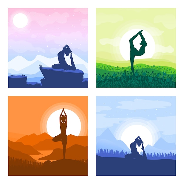 Collectie Yoga meditatie sport gymnastiek fitness ontspanning Vector illustratie van yoga houdingen in de natuur